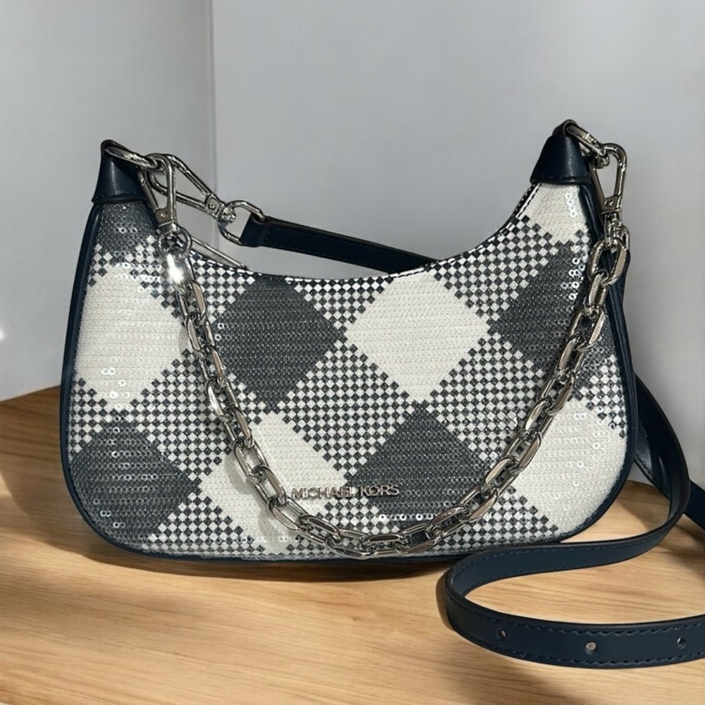 Michael Kors Cora Medium Zip Sequin Navy Pouchette Purse